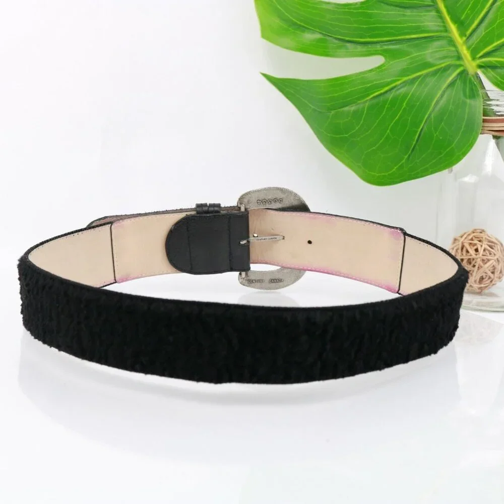 VTG Elite Accessories Womens Belt Size Medium Black Leather Pearl Big Buckle USA